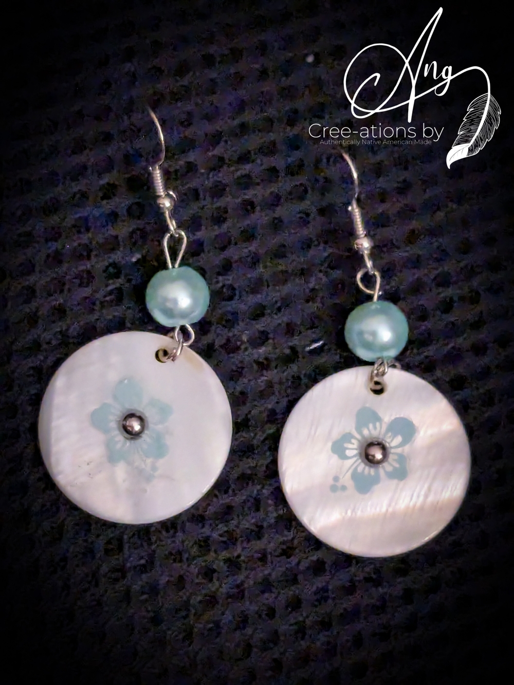 Light Green Pearl & Morher-of-Pearl  Shell Flower Drop Native American Earrings